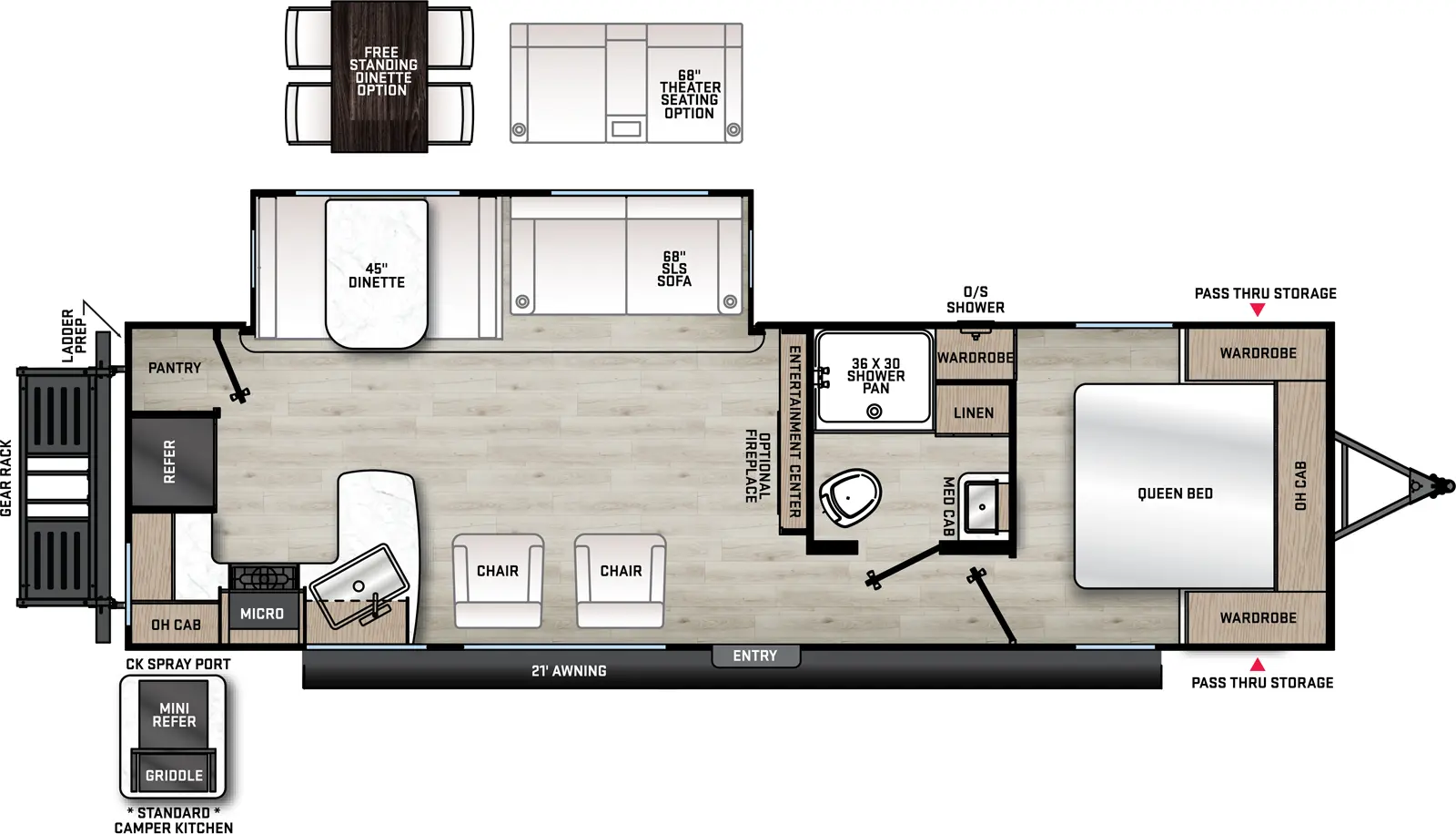 The 283RKS has one slide out and one entry. Exterior features a 15 foot awning, front pass thru storage, outside shower, rear cargo rack, and standard camper kitchen with mini refrigerator and griddle. Interior layout front to back: foot facing queen bed with overhead cabinet, wardrobes on each side, and off-door side wardrobe; side aisle off-door side full bathroom with medicine cabinet and linen closet; entertainment center along inner wall; off-door side slide out with sofa and dinette; door side entry and two recliner lounges; rear peninsula kitchen counter that wraps to door side with sink and overhead cabinet, counter continues to wrap to rear with microwave, cooktop, refrigerator and pantry. optional free-standing dinette available in place of standard dinette. Optional fireplace available at entertainment center.